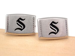Vintage Hickok USA Silver Tone Initial "S" Monogram Cufflinks Letter Black MCM